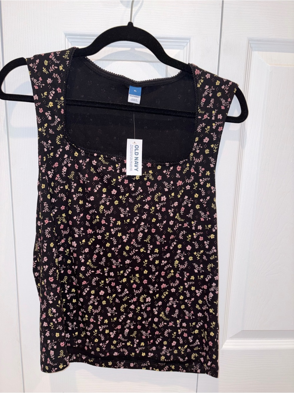 Old Navy Black Floral Scoop Neck Tank with Pink & Yellow Sprigs